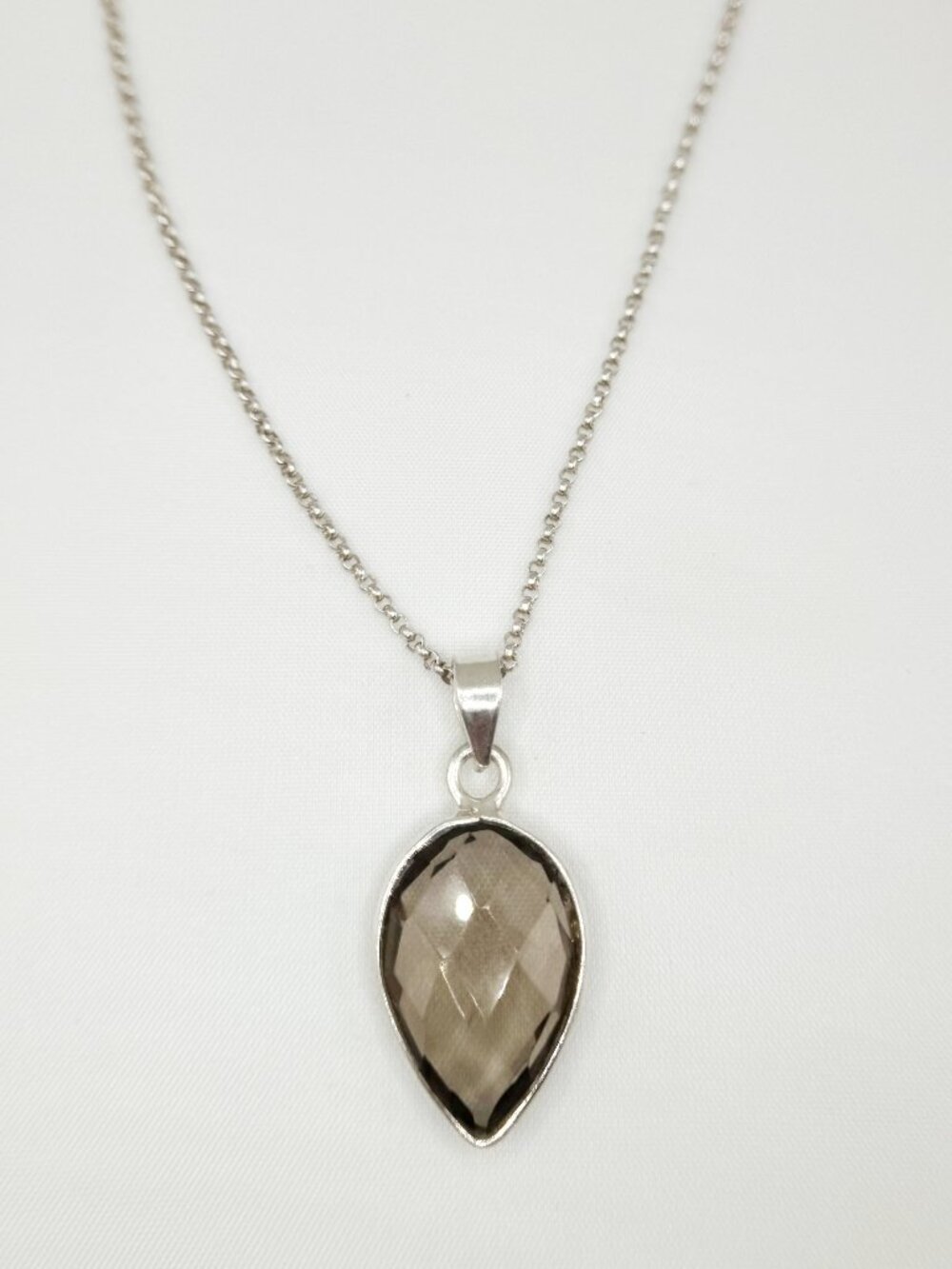Sterling silver necklace with checker cut Smoky Quartz pear or teardrop gemstone